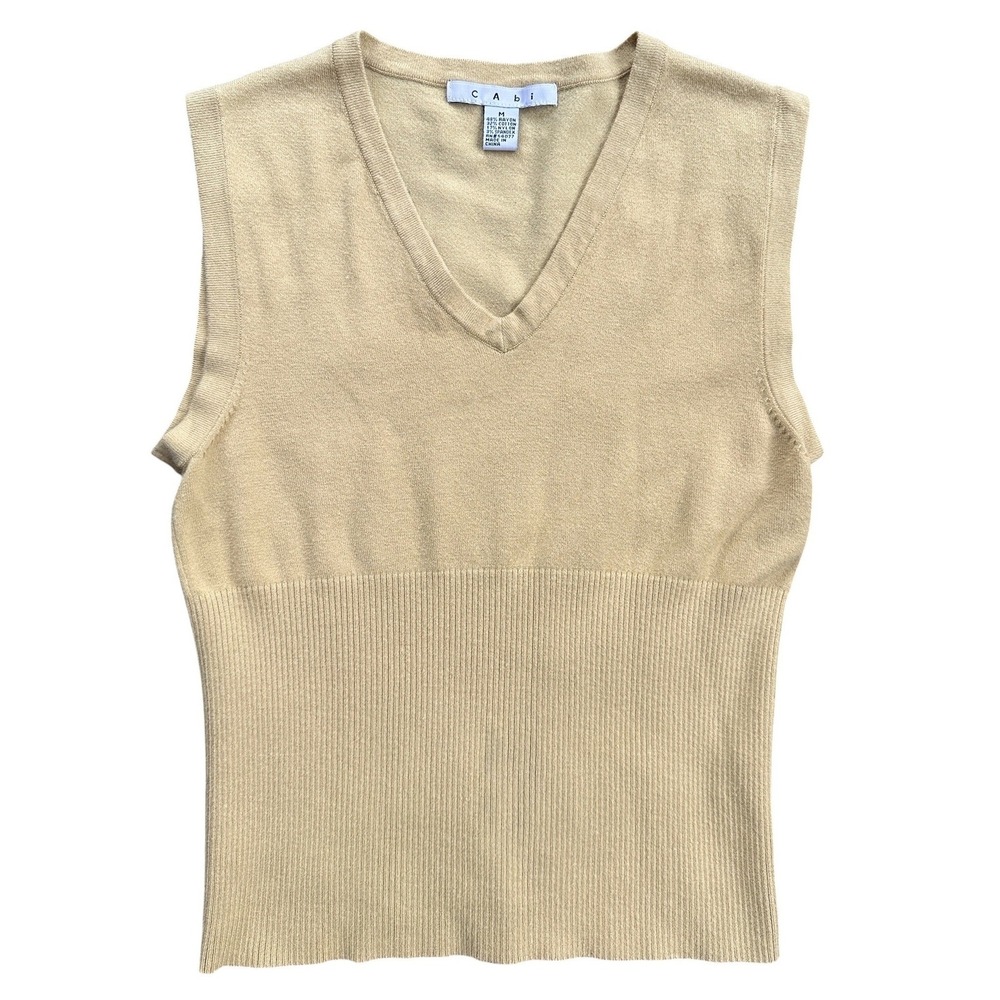 Cabi Sweater Vest Women Medium Tan V-Neck Ribbed‎ Knit Sleeveless Top  Excellent